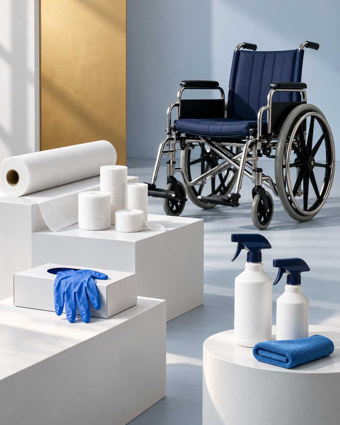 Illustrative arrangement of medical consumables, cleaning supplies, and a wheelchair